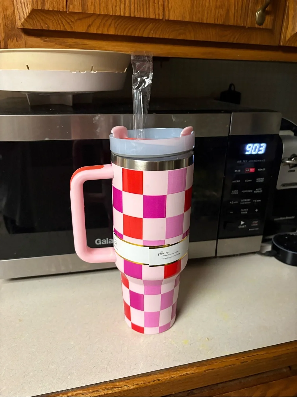 New The Darling Effect Pink & Red Checkered Travel Tumbler with Handle